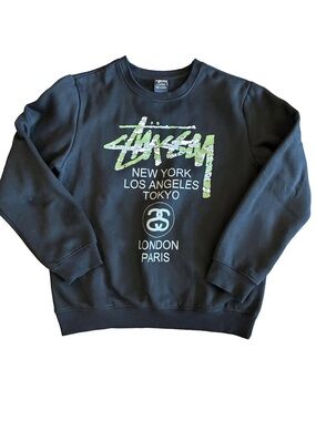 Stussy Black Crewneck Sweatshirt with Lime Green Logo